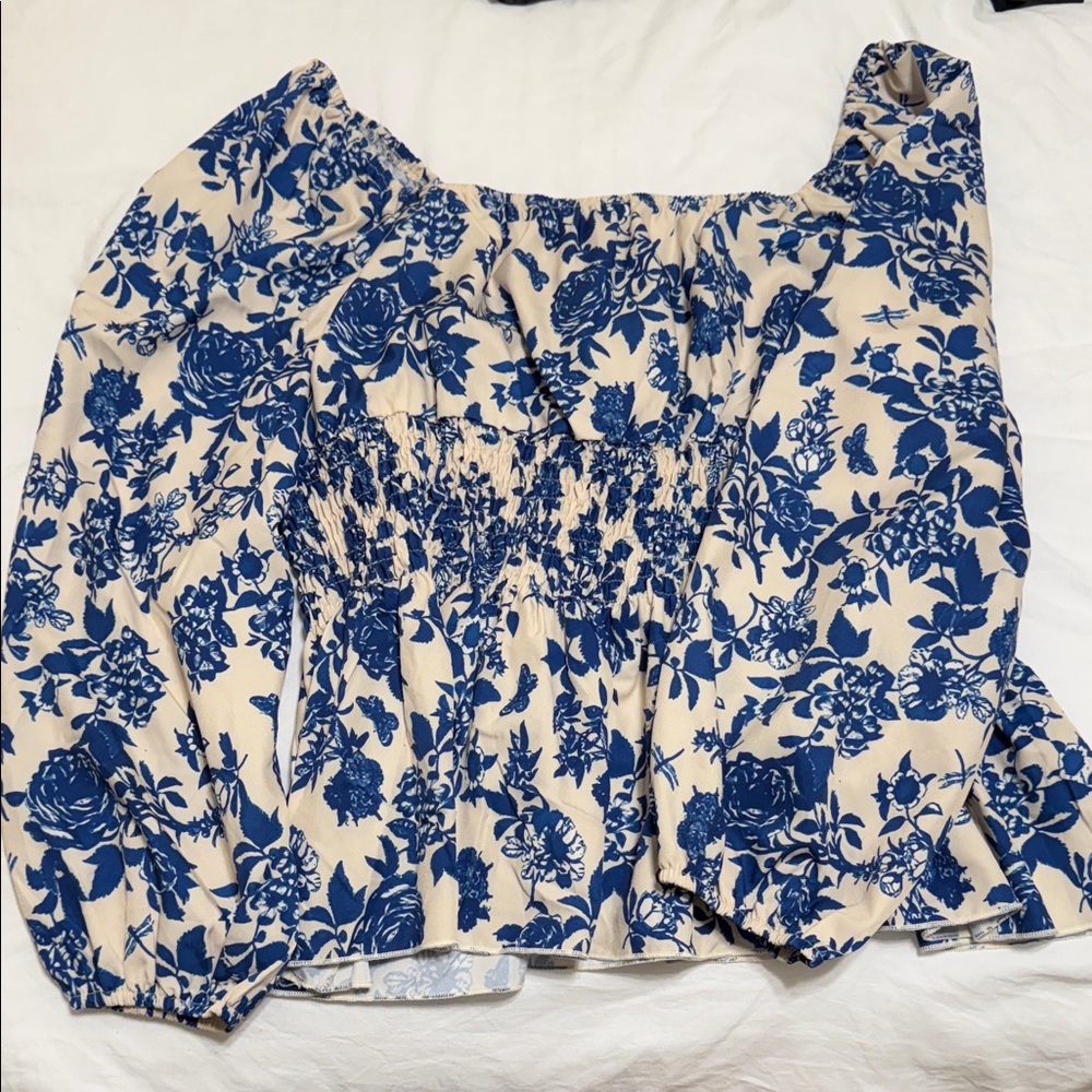 Floral Blue and Cream Women's Blouse